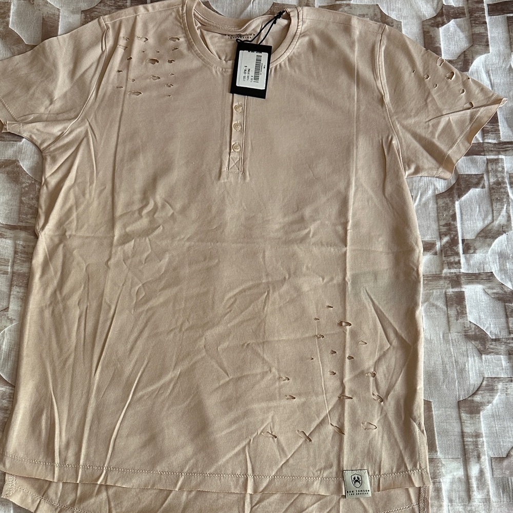Ron Tomson Light Tan Distressed Henley Tee